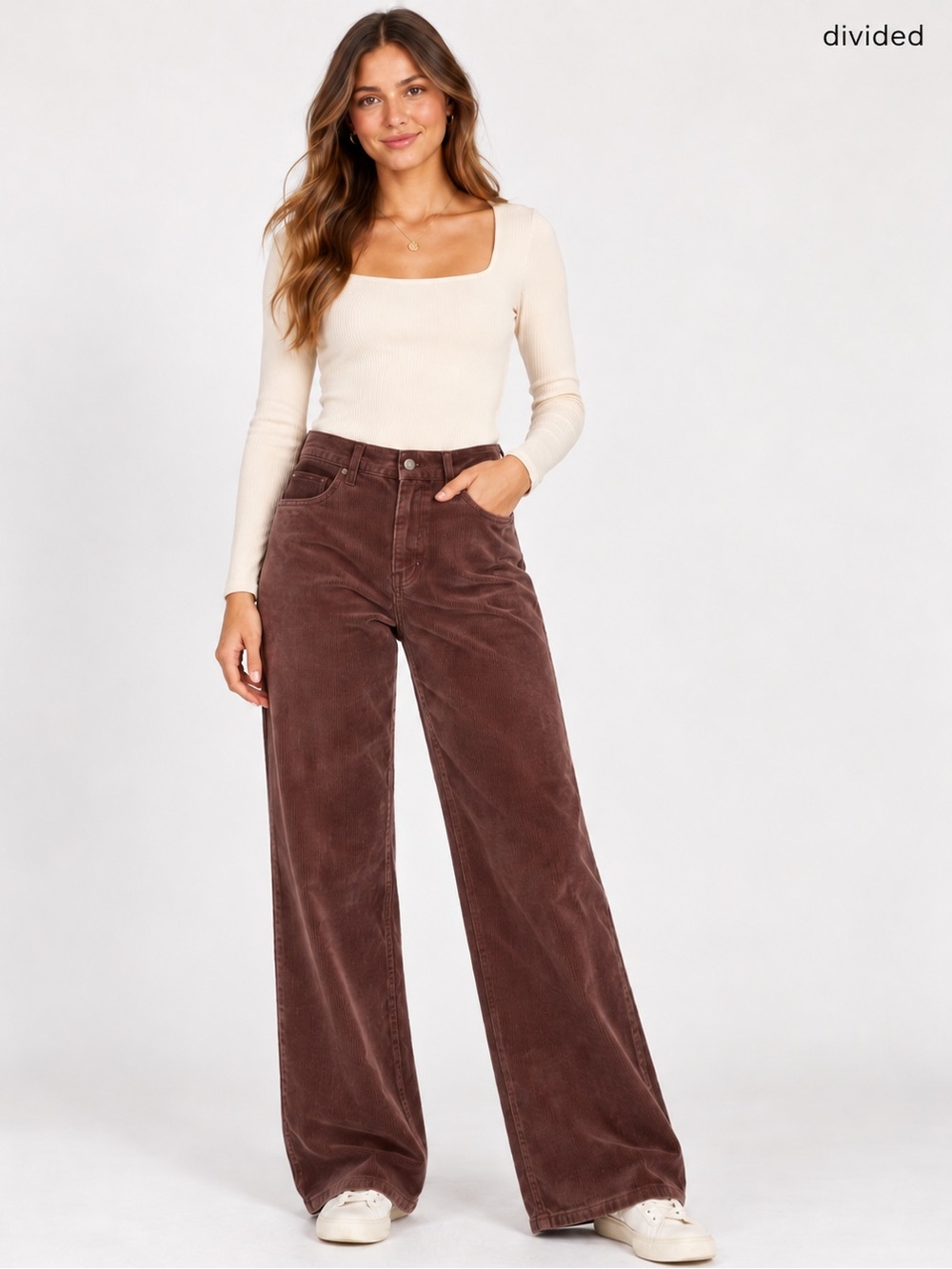 NWT H&M Divided Chocolate Brown High Waist Wide Leg Corduroy Pants Size 8